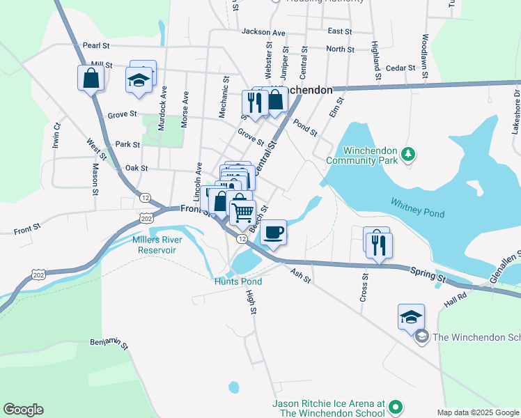 map of restaurants, bars, coffee shops, grocery stores, and more near 29 Beech Street in Winchendon