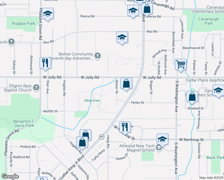 map of restaurants, bars, coffee shops, grocery stores, and more near 5216 Balzer Street in Lansing