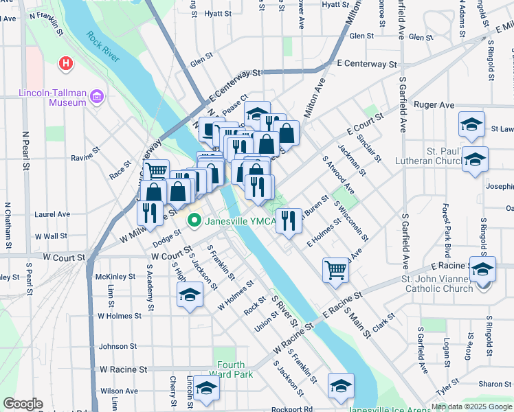 map of restaurants, bars, coffee shops, grocery stores, and more near 20 East Court Street in Janesville