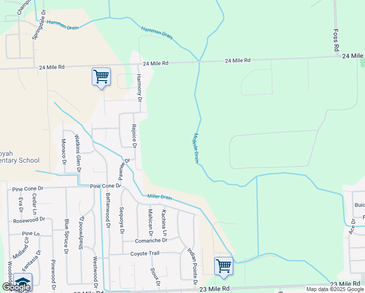 map of restaurants, bars, coffee shops, grocery stores, and more near 24 Mile Road in Macomb