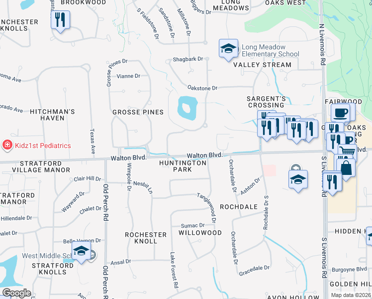 map of restaurants, bars, coffee shops, grocery stores, and more near 1608 Walton Boulevard in Rochester Hills