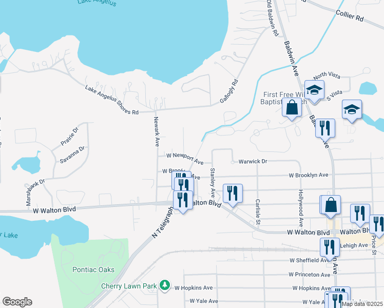 map of restaurants, bars, coffee shops, grocery stores, and more near 1652 Charleston Avenue in Pontiac