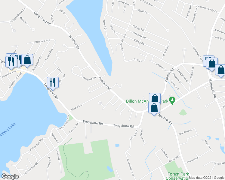 map of restaurants, bars, coffee shops, grocery stores, and more near 615 Nashua Road in Dracut