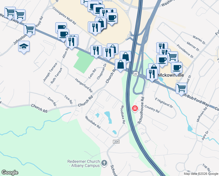 map of restaurants, bars, coffee shops, grocery stores, and more near 200 Great Oaks Boulevard in Albany