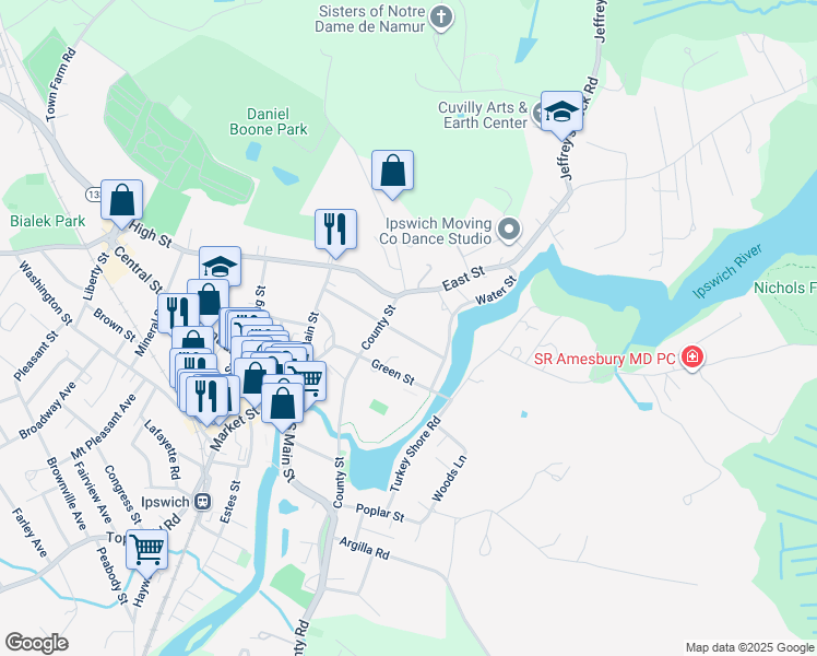 map of restaurants, bars, coffee shops, grocery stores, and more near 8 County Street in Ipswich