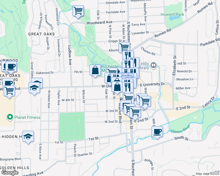 map of restaurants, bars, coffee shops, grocery stores, and more near 511 Oak Street in Rochester