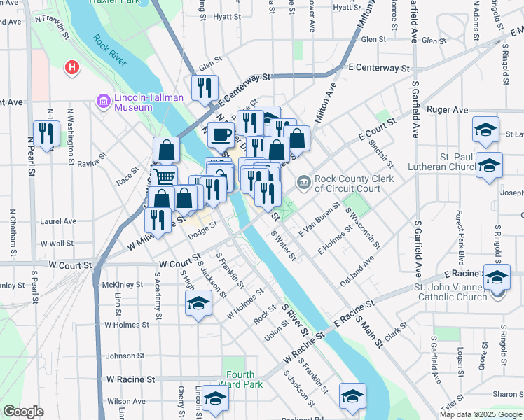 map of restaurants, bars, coffee shops, grocery stores, and more near 36 South Main Street in Janesville