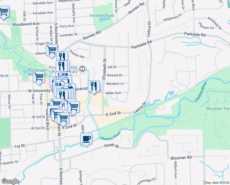 map of restaurants, bars, coffee shops, grocery stores, and more near 532 Meadow Lane in Rochester