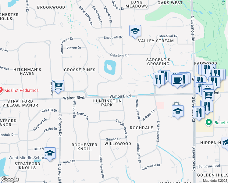 map of restaurants, bars, coffee shops, grocery stores, and more near 1590 Walton Boulevard in Rochester Hills