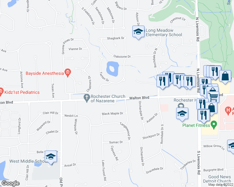 map of restaurants, bars, coffee shops, grocery stores, and more near 1590 Walton Boulevard in Rochester Hills