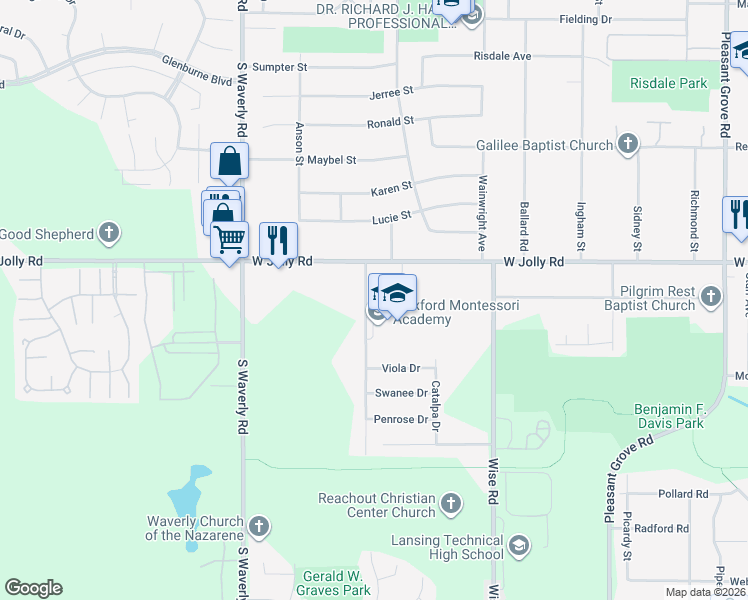 map of restaurants, bars, coffee shops, grocery stores, and more near 3419 West Jolly Road in Lansing