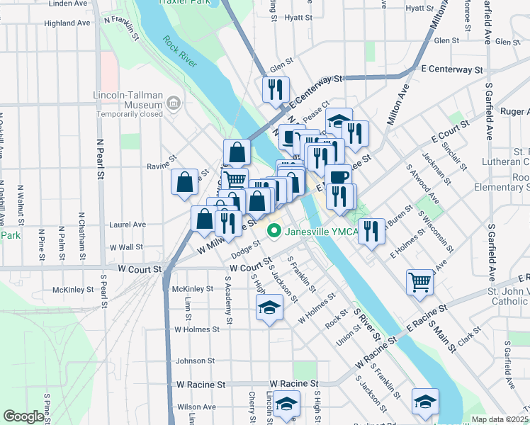 map of restaurants, bars, coffee shops, grocery stores, and more near 15 N Franklin St in Janesville