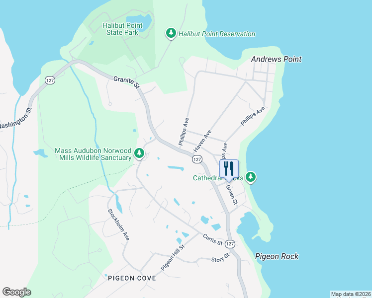 map of restaurants, bars, coffee shops, grocery stores, and more near 239 Granite Street in Rockport