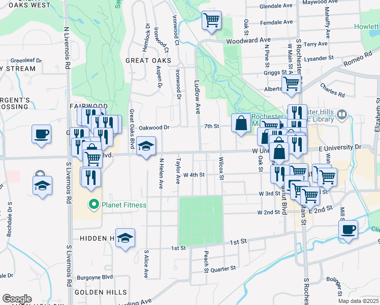 map of restaurants, bars, coffee shops, grocery stores, and more near 850 W University Dr in Rochester