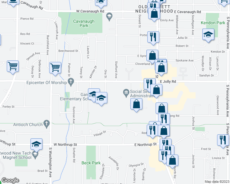 map of restaurants, bars, coffee shops, grocery stores, and more near 107 West Jolly Road in Lansing