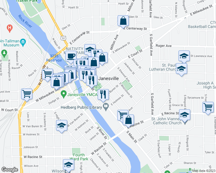 map of restaurants, bars, coffee shops, grocery stores, and more near 51 South Main Street in Janesville
