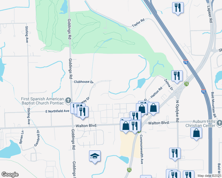 map of restaurants, bars, coffee shops, grocery stores, and more near 1140 Fieldstone Drive in Pontiac