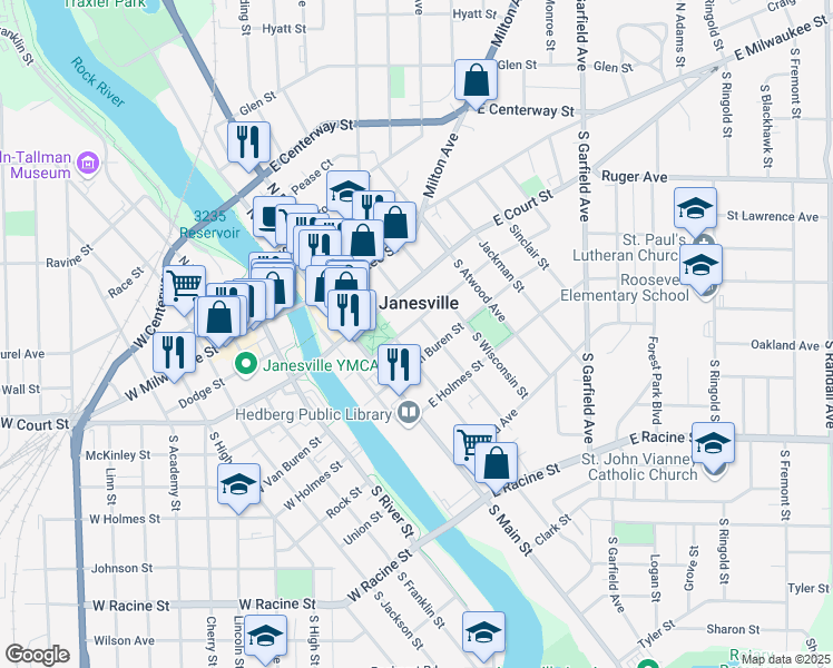 map of restaurants, bars, coffee shops, grocery stores, and more near 51 South Main Street in Janesville