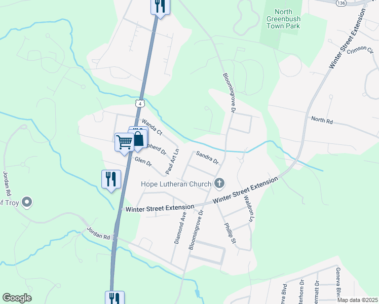 map of restaurants, bars, coffee shops, grocery stores, and more near 107 Sandra Drive in Troy