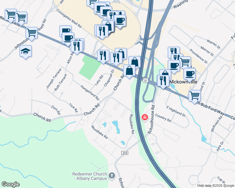 map of restaurants, bars, coffee shops, grocery stores, and more near 200 Great Oaks Boulevard in Albany