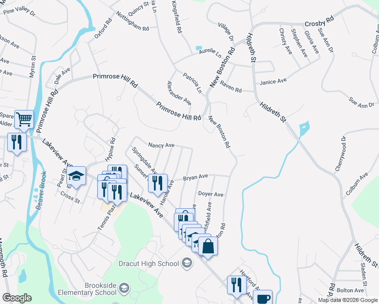 map of restaurants, bars, coffee shops, grocery stores, and more near 106 Leonard Avenue in Dracut