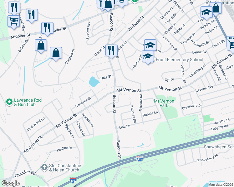 map of restaurants, bars, coffee shops, grocery stores, and more near 329 Mount Vernon Street in Lawrence