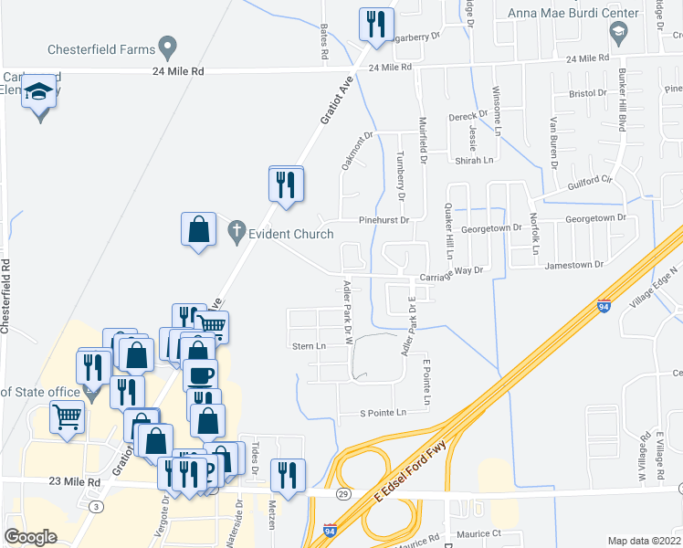 map of restaurants, bars, coffee shops, grocery stores, and more near 52280 Rutherford Cir in Macomb