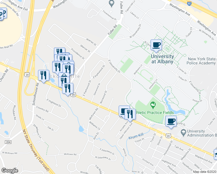 map of restaurants, bars, coffee shops, grocery stores, and more near 18 Norwood Street in Albany