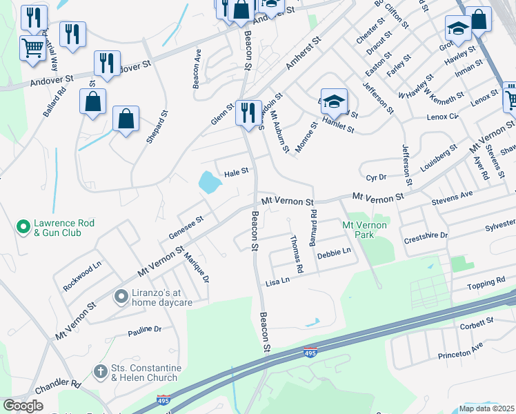 map of restaurants, bars, coffee shops, grocery stores, and more near 92 Beacon Street in Lawrence