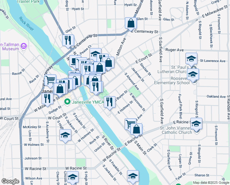 map of restaurants, bars, coffee shops, grocery stores, and more near in Janesville