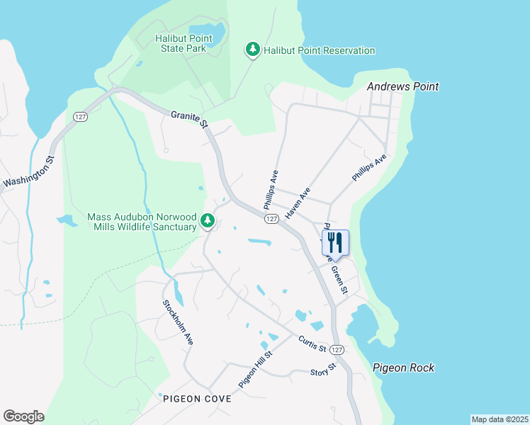 map of restaurants, bars, coffee shops, grocery stores, and more near 119 Phillips Avenue in Rockport