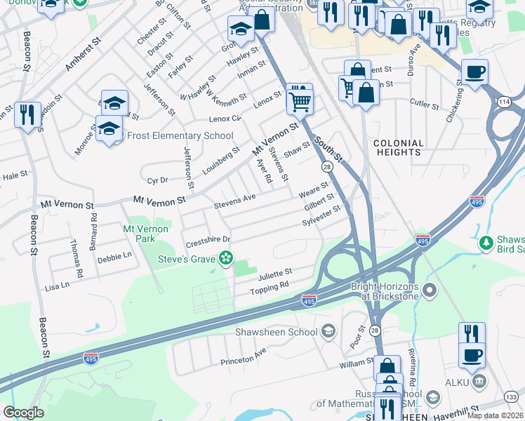 map of restaurants, bars, coffee shops, grocery stores, and more near 99 Weare Street in Lawrence