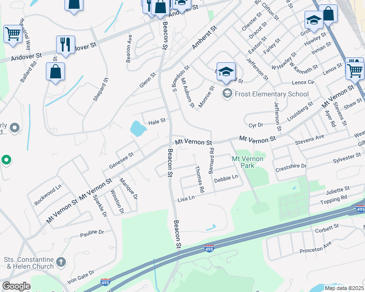 map of restaurants, bars, coffee shops, grocery stores, and more near 329 Mount Vernon Street in Lawrence