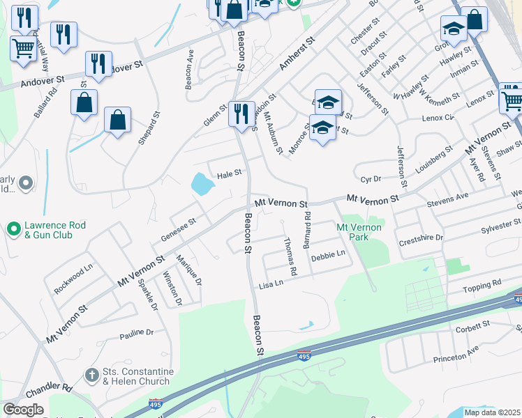 map of restaurants, bars, coffee shops, grocery stores, and more near 329 Mount Vernon Street in Lawrence