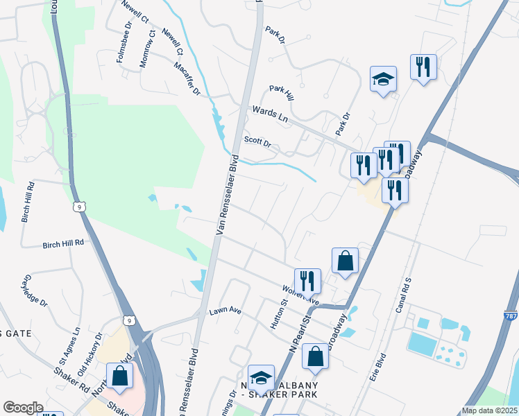 map of restaurants, bars, coffee shops, grocery stores, and more near 9 Highland Street in Menands