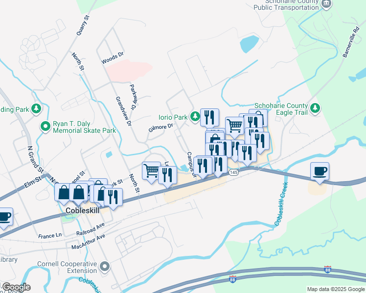 map of restaurants, bars, coffee shops, grocery stores, and more near 141 Campus Drive in Cobleskill