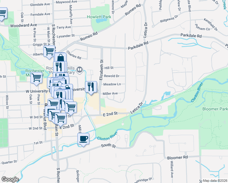 map of restaurants, bars, coffee shops, grocery stores, and more near 532 Meadow Lane in Rochester