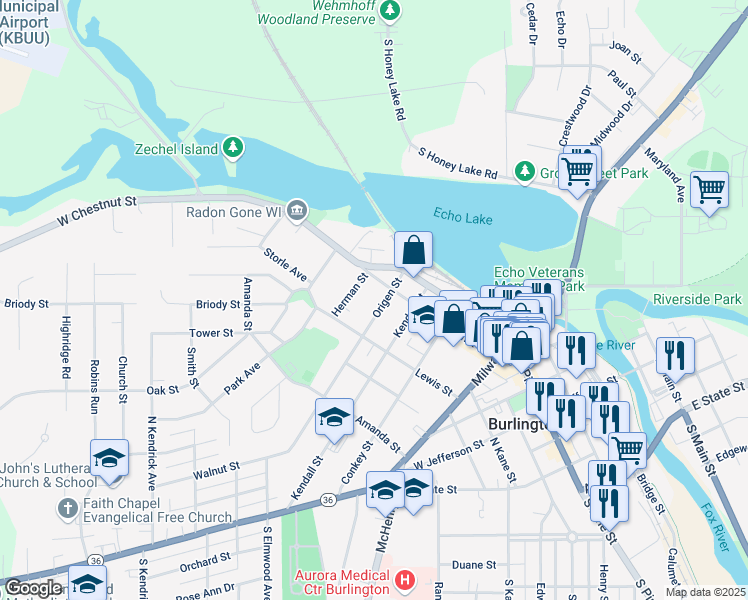 map of restaurants, bars, coffee shops, grocery stores, and more near 313 West Chestnut Street in Burlington