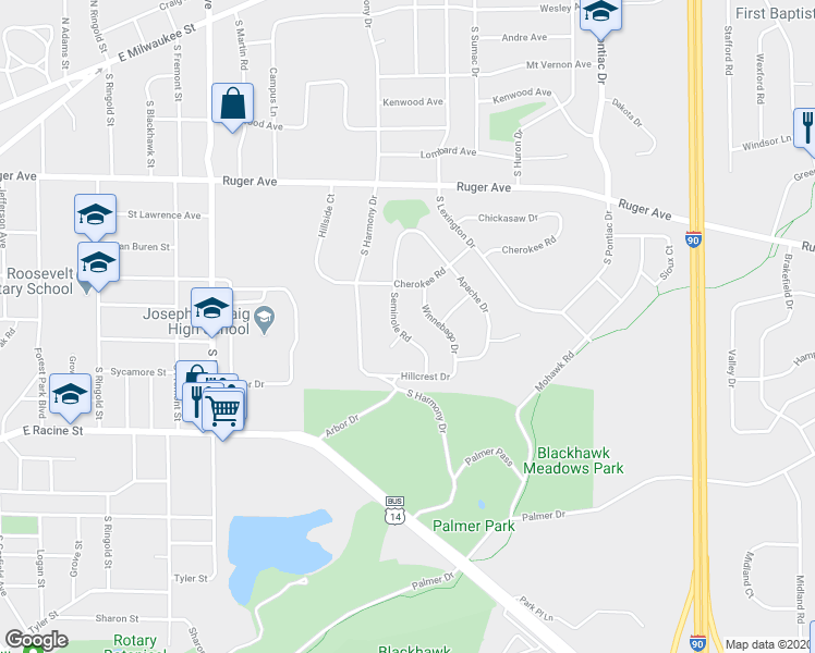map of restaurants, bars, coffee shops, grocery stores, and more near 320 Winnebago Drive in Janesville