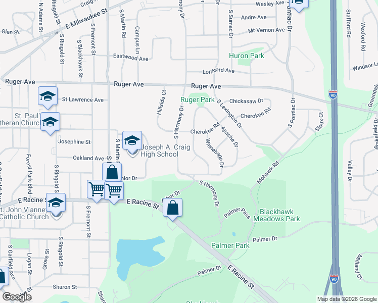 map of restaurants, bars, coffee shops, grocery stores, and more near 325 South Harmony Drive in Janesville
