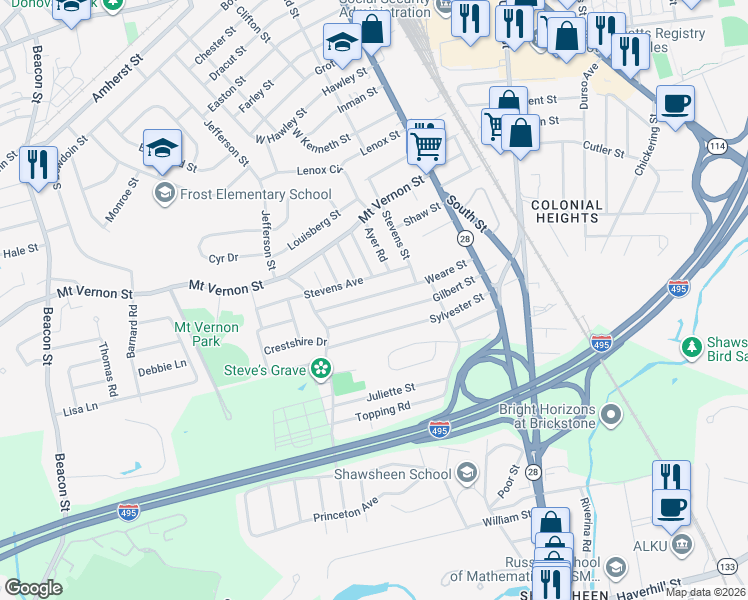 map of restaurants, bars, coffee shops, grocery stores, and more near 99 Weare Street in Lawrence