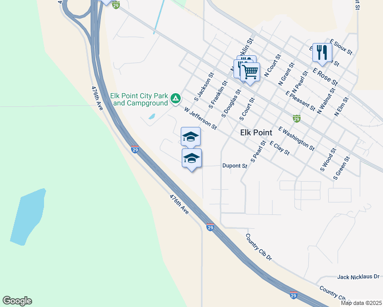 map of restaurants, bars, coffee shops, grocery stores, and more near 500 South Franklin Street in Elk Point