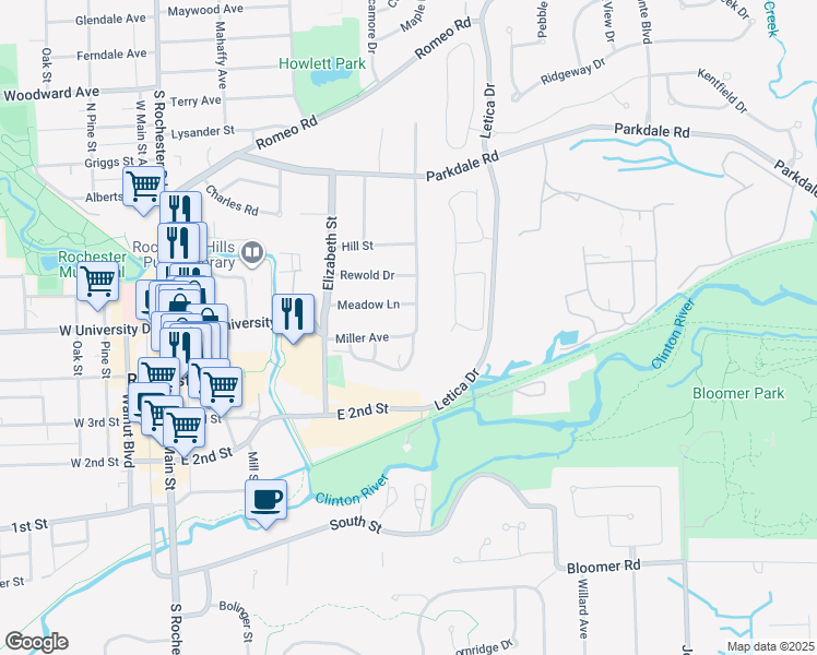map of restaurants, bars, coffee shops, grocery stores, and more near 405 Miller Avenue in Rochester