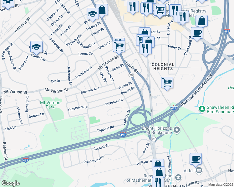 map of restaurants, bars, coffee shops, grocery stores, and more near 66 Weare Street in Lawrence
