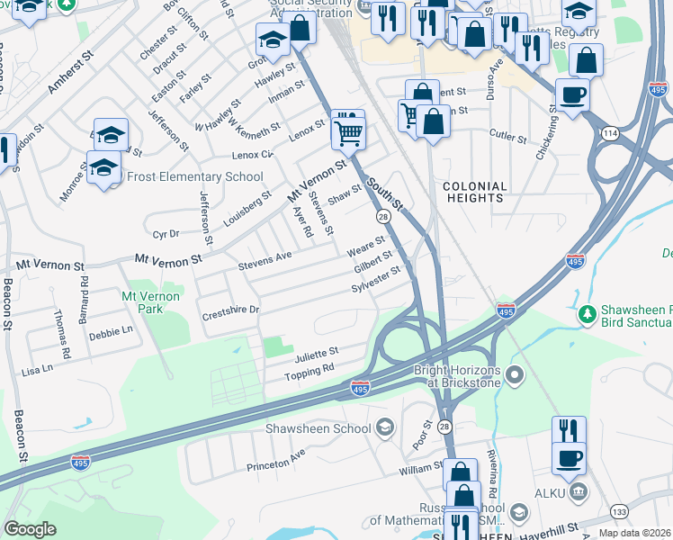 map of restaurants, bars, coffee shops, grocery stores, and more near 66 Weare Street in Lawrence