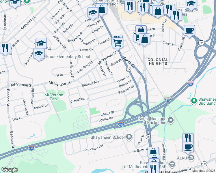 map of restaurants, bars, coffee shops, grocery stores, and more near 99 Weare Street in Lawrence