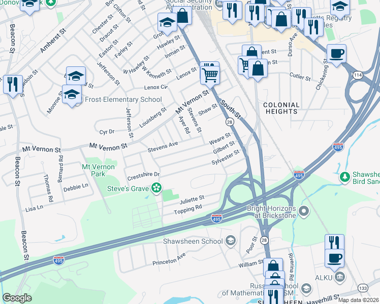 map of restaurants, bars, coffee shops, grocery stores, and more near 99 Weare Street in Lawrence