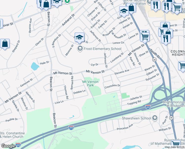 map of restaurants, bars, coffee shops, grocery stores, and more near 219 Mount Vernon Street in Lawrence