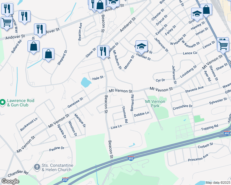 map of restaurants, bars, coffee shops, grocery stores, and more near 329 Mount Vernon Street in Lawrence