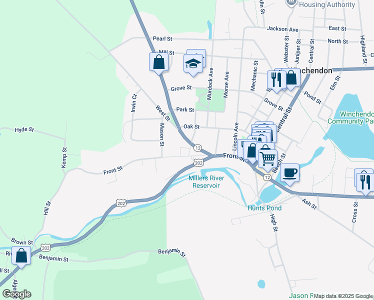map of restaurants, bars, coffee shops, grocery stores, and more near 35 School Street in Winchendon